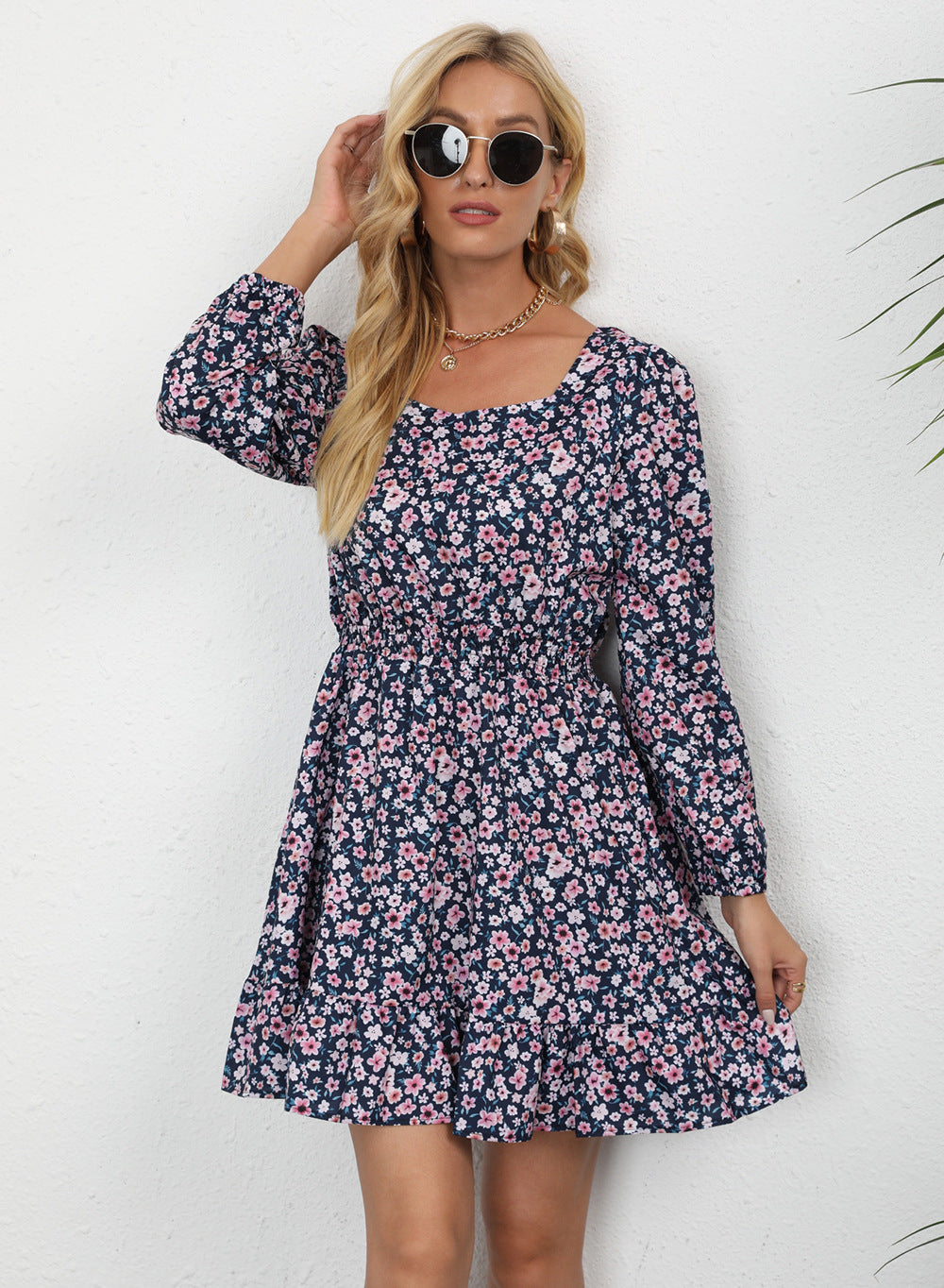 Emilia Printed Square Neck Mini Dress Navy Specks