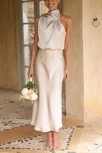 Classic on You Satin High Cowl Neck Top and Elastic Waist Pocket Loose Pants Set
