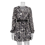 French Chiffon Dress Trend Doll Collar Long Sleeve Leopard Print Dress