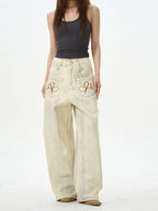 Embroidered Cream Wide Leg Pants