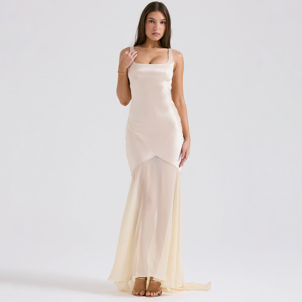 High Grade Satin Chiffon Splicing Sling Sheath Forged Surface Dress Slim Fit Elegant Mop Dress