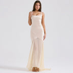 High Grade Satin Chiffon Splicing Sling Sheath Forged Surface Dress Slim Fit Elegant Mop Dress