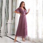 Evening Dress V neck Ruffle Bridesmaid Performance Party Dress
