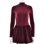 Elegant Slim Fit Women Dress Sexy Turtleneck Long Sleeved Tight Waist Pleated A line Dress