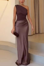 Kaia Satin Contrast Fabric Patchwork One Shoulder Ruched Maxi Dress