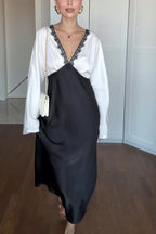 Lainei Contrast Color Satin Lace Trim V-neck Long Sleeve Maxi Dress