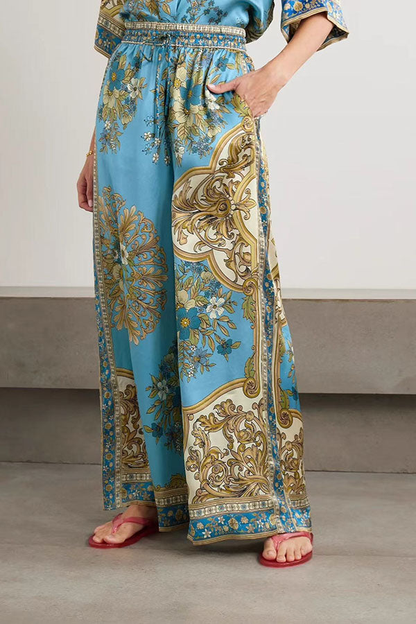 Satin Floral Print Loose Shirt and Elastic Waist Pocket Casual Wide-leg Pants