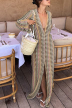 Eleanor Knit Colorful Wave Unique Print Shirt U-neck Long Sleeve Slit Maxi Dress