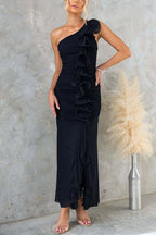 Fashion One-shoulder Pleated Sexy High Slit Slim Dress