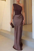 Kaia Satin Contrast Fabric Patchwork One Shoulder Ruched Maxi Dress