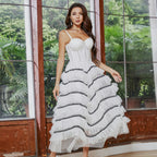 Irregular Asymmetric Tiered Dress Stitching Mesh Contrast Color Large Swing Mop Dress Drill Chain Beaded Boning Corset Tube Top Long Dress Organza