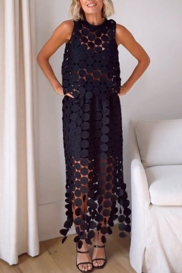 Casie See Through Circle Embroidery Elastic Waist Tassle Hem Maxi Skirt