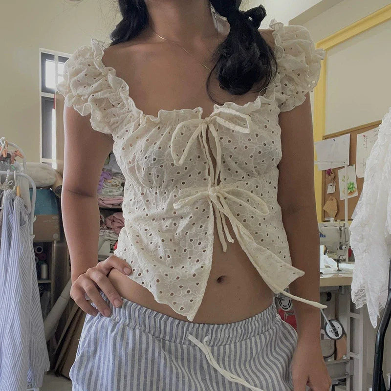 Mora Eyelet Tie-Front Blouse