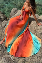 Queen Neon Sunset Printed Metal Decor Sexy Hollow Back Lace Holiday Long Dress