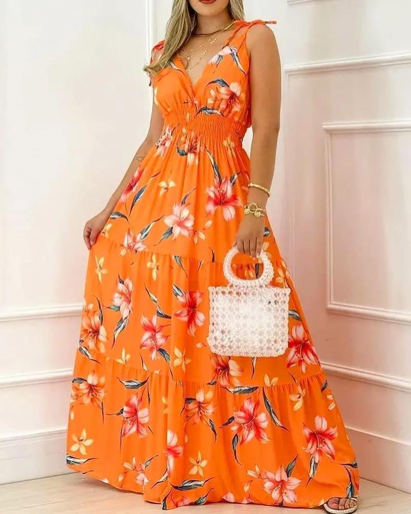 Farhan Floral Strapless Smocked Maxi Dress Rust