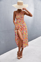 Elysse Floral Belted One Shoulder Midi Dress Salmon