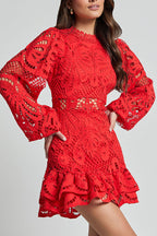 Solid Color Hollow Long-sleeved Waisted Lace Mini Dress