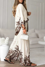 Botanical Print Loose Long-sleeved Shirt and Elastic Waist Pocket Casual Wide-leg Pants