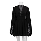 French Puff Sleeve High Waist Dress V Neck Abdomen Control Black Short Dress