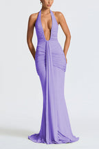 Solid Color Elegant Halterneck V-neck Open Back Tie Gathered Maxi Dress
