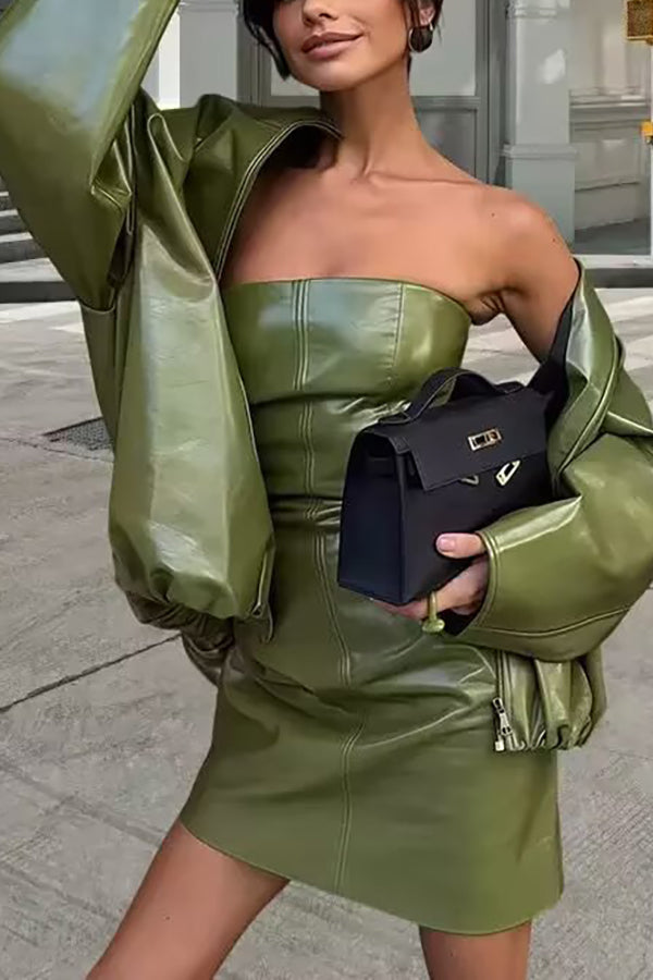 Sexy Tube Top Back Zipper Slim Leather Mini Dress