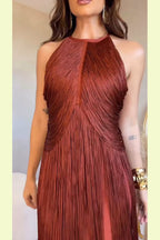 Fashion Sleeveless Halter Neck Elegant Tassel Slim Maxi Dress