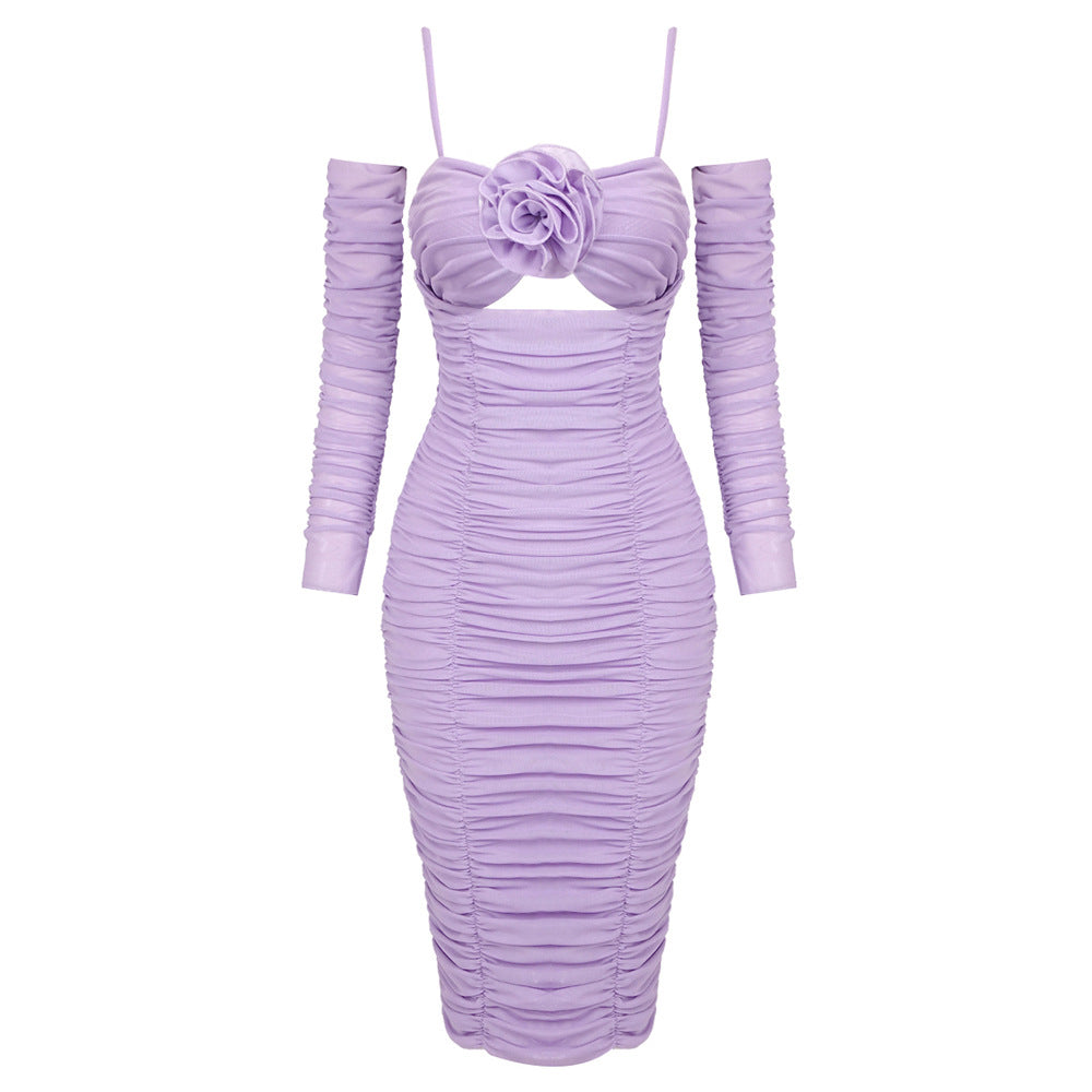 Purple Long Sleeve Dress Slim One Neck Sleeve Floral Tulle Dress