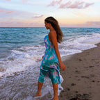 Eventide Printed Satin Midi Slip Dress Aqua