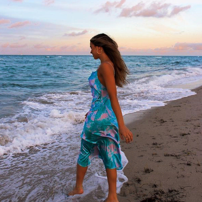 Eventide Printed Satin Midi Slip Dress Aqua