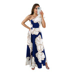 Elegant Large Print Dress Diagonal Collar Backless Zipper High Slit Dress