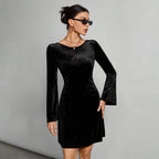 Simple Intellectual Dress Backless Lace Up All Match Black Dress