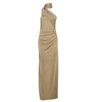 Slim Fit Backless Tube Top Ribbon Halter Pleated Solid Color Maxi Dress Evening Dress