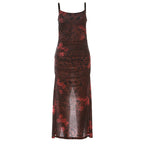 Suspenders Slim Retro Floral Print Slit Sheath Elegant Dress
