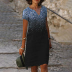 Printed Round Neck Split Short Sleeve Loose Dress