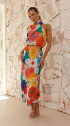 VacationPrinted Halter Sleeveless Waist Tight Dress