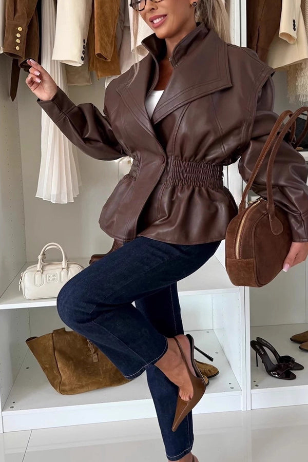 Play It Cool Faux Leather Single Button Elastic Waist Lapel Moto Jacket