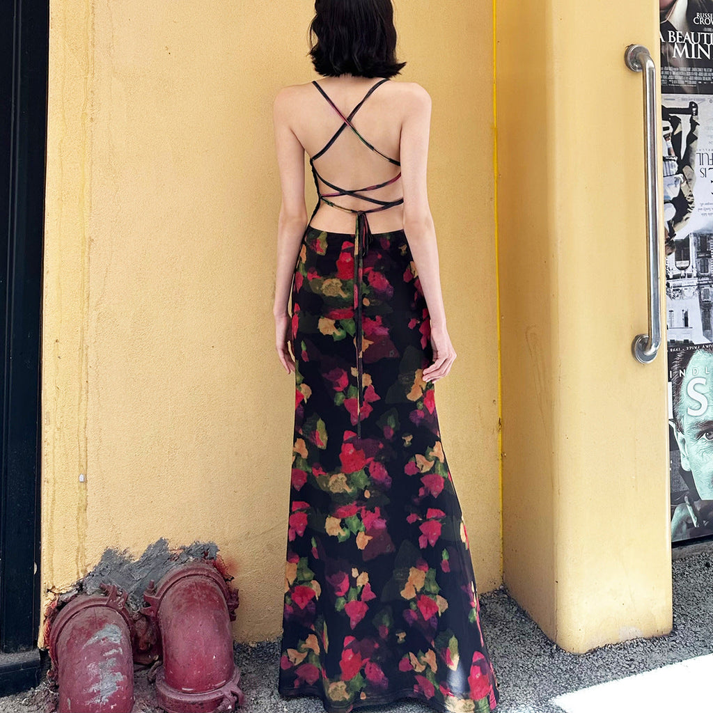 Colorful floral pattern fitted fishtail maxi dress
