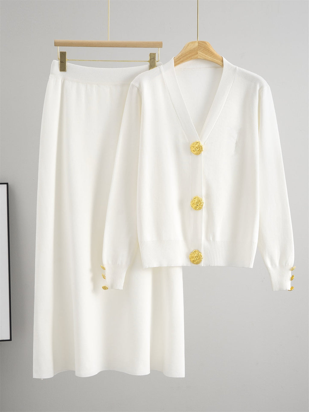 Buttoned Contrast Fringe Split Sweater And Skirt Set