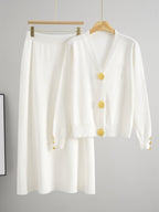 Buttoned Contrast Fringe Split Sweater And Skirt Set