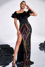 Rebekah Black Sequined Slit Maxi Dress