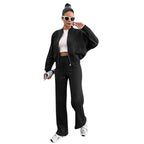 Autumn Winter Solid Color with Fur Zipper Cardigan Women Clothes Casual Straight Pants Two Piece Sets
