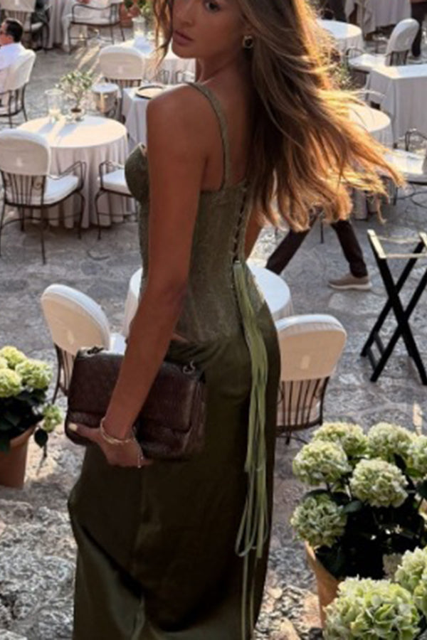 In A Fairytale Lace Satin Mid Rise Drape Maxi Skirt