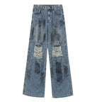 Vintage Distressed And Dirt-Dyed Patchwork Wide-Leg Jeans
