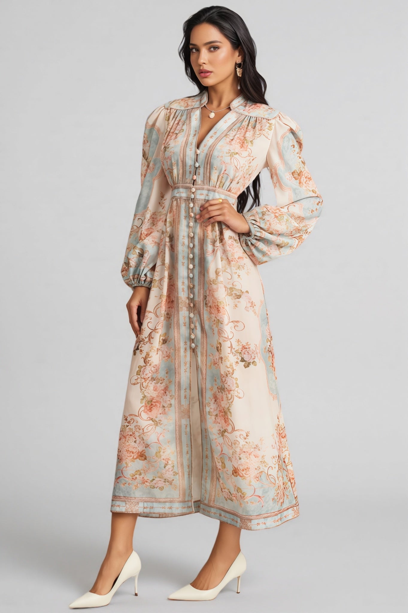 Quillon Blue Print Single Breasted Maxi Dress