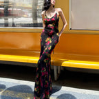 Colorful floral pattern fitted fishtail maxi dress