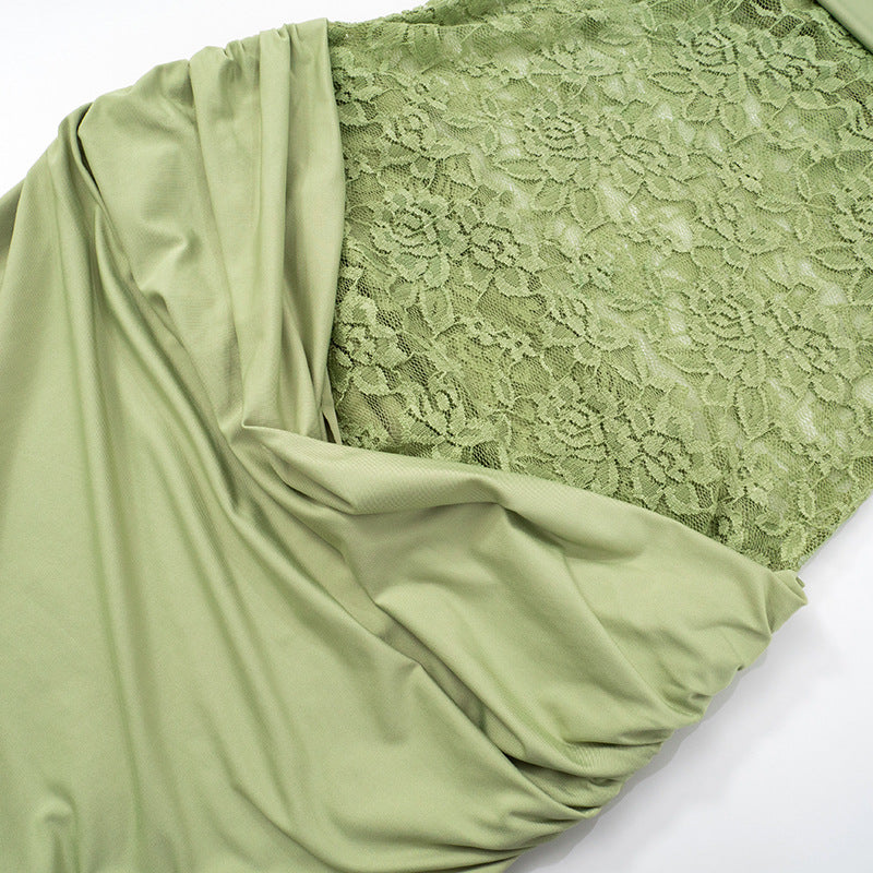 Women's Spring/Summer New Solid Color Off Shoulder Splicing Lace Extra Long Slimming Dress