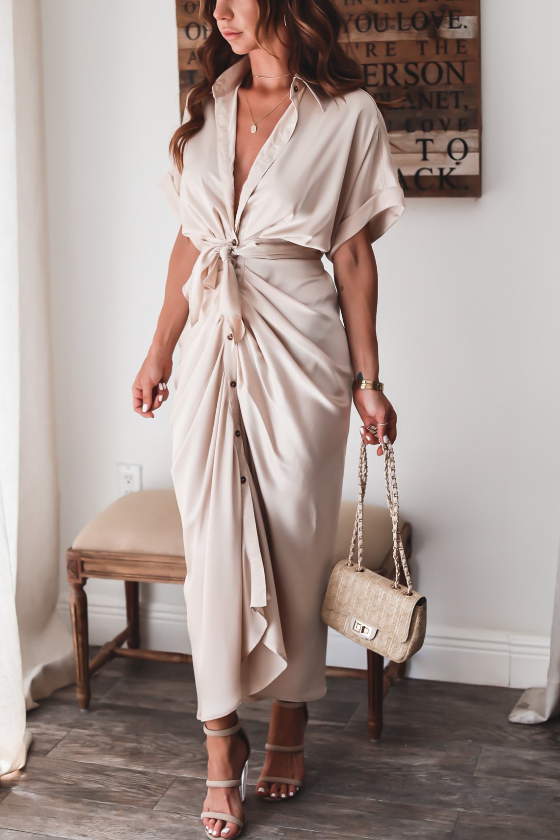 Luv Satin Tie Front Midi Shirt Dress Champagne