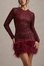 Party Must-have Sequin Long Sleeve Feather Trim Stretch Mini Dress