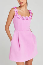 Party outfit, pearl flower decal, square strapless, sexy collar, pocket, elegant mini dress