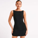 Solid Color Double Layer Woven Sleeveless Back Zipper Short Slim Fit Dress